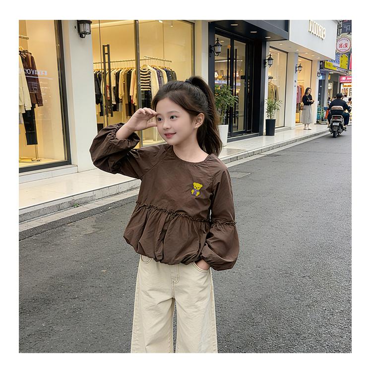 Girl's flower bud sleeve shirt for spring and autumn, loose round neck top for adults
