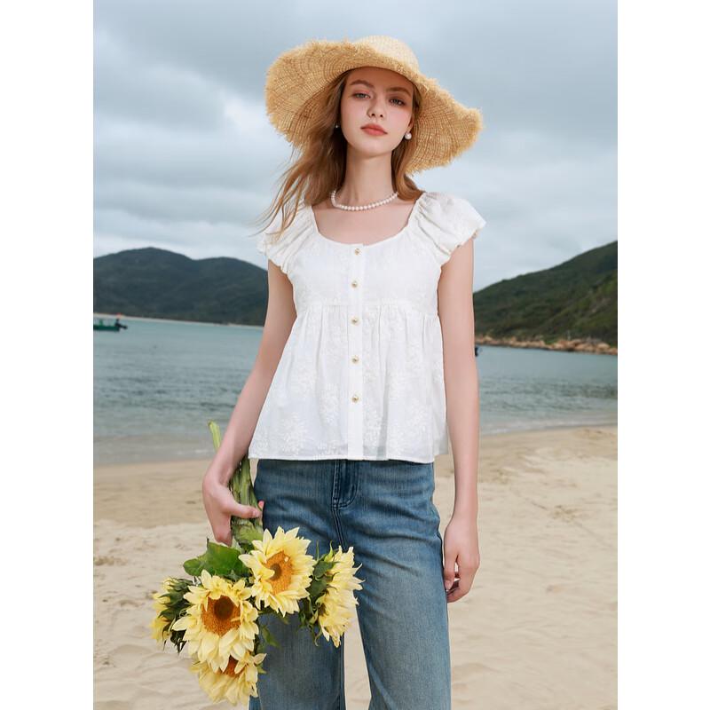 Sancai Women's Embroidered Cotton Babydoll Flutter Sleeve Top