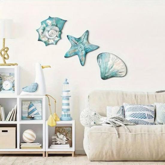 3 Pcs Wooden Rustic Beach Wall Art Ocean Coastal Nautical Seashell Starfish Couch Wall Decor for Living Room Bedroom Lake House Decor