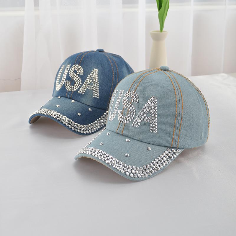 Кепка Бейсболка Женская Со Стразами Джинсовая Ткань Козырек Snapback Кепки Для Женщин Лето Весна Путешествия Солнцезащитная Кепка США На Улице Повседневная Новая