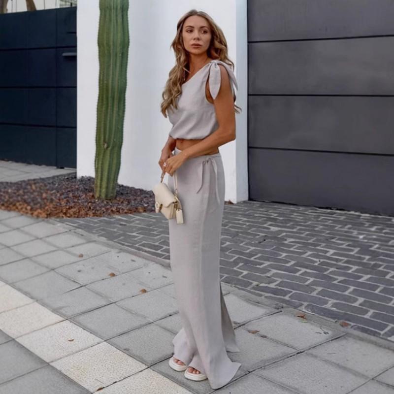 Womens Casual Cotton Linen 2-Piece Set Grey Sleeveless Top Long Dress 2025