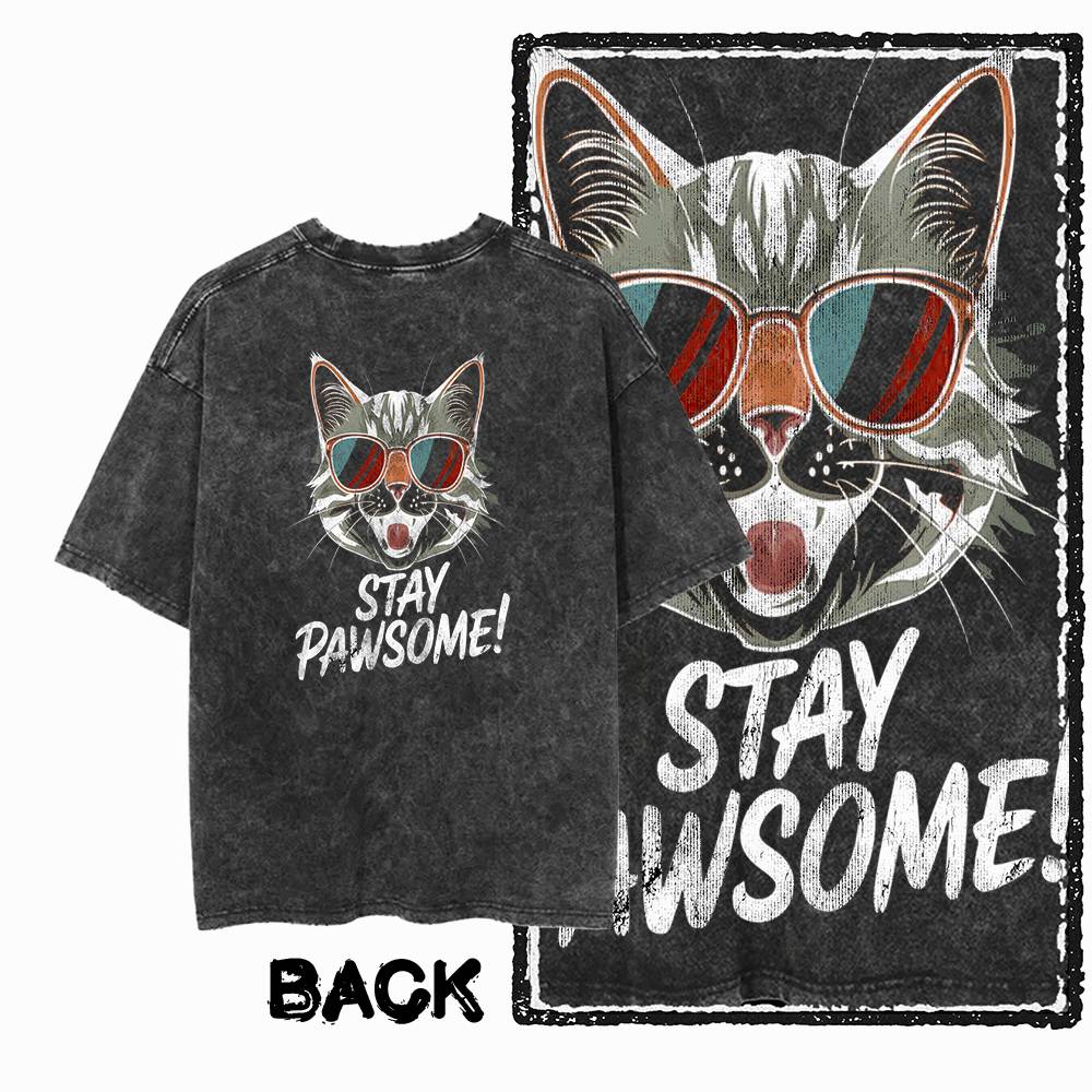 G Back Print Acid Washed Cotton Streetwear Cat Graphic Unisex Tshirt Big Size Cool Vintage Oneck Unisexs Tee Tshirt