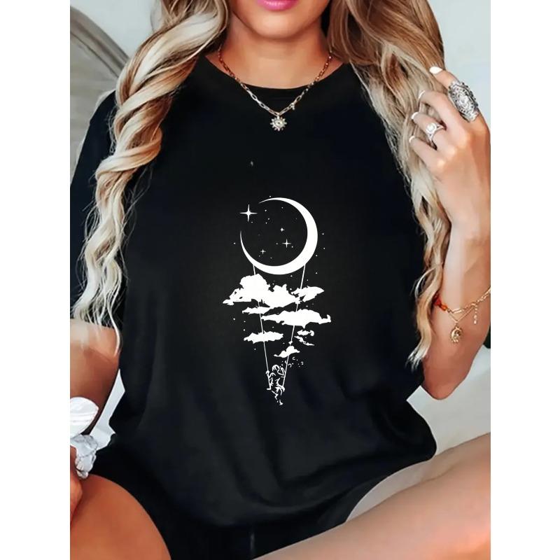 Oversized T Shirt Black Moon Clouds And Stars Print For Casual Wear
