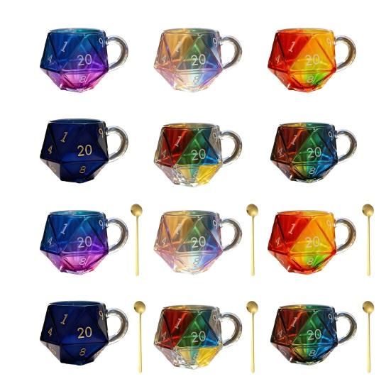 Rainbow D20 Dice Mug with Handle Colorful Polyhedral Glass Coffee Cup for Gamers Unique Gift for Tabletop RPG Fantasy Enthusiasts