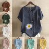 Women's Fashion Round Neck Short Sleeve T-shirt Casual Cotton Linen Graphic Shirt Leisure Loose Flower Prined Summer Blouse Tops