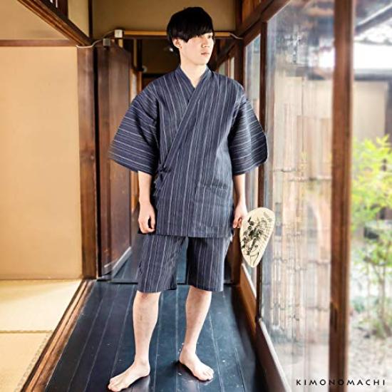 Kyoto Kimonomachi Original Navy and White Striped Cotton and Size Day Plus Sizes [KIMONOMACHI] Men's Jinbei, Linen, Small, Father's Gift, Loungewear,
