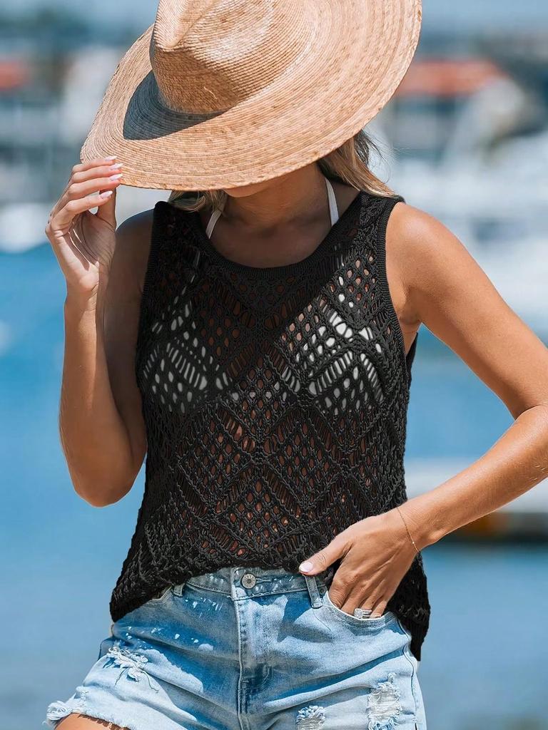 Women's Lightweight Crochet Tank Top Sleeveless Scoop Neck Hollow Out Beach Cover Up