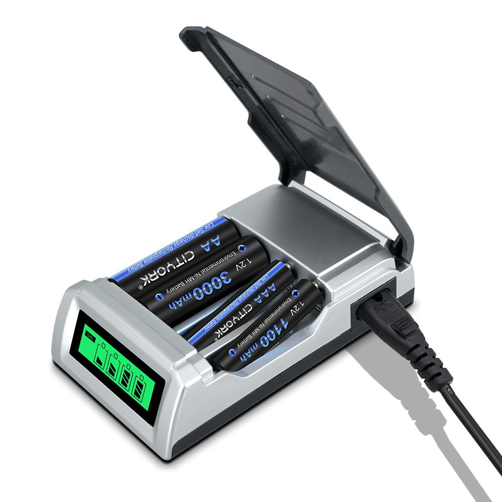Cityork Интеллектуальное зарядное устройство с ЖК-дисплеем и 4 слотами для NiMh NiCd аккумуляторов типа AA/AAA 1,2 В, зарядное устройство aa aaa
