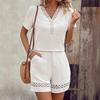 Women's White V-Neck Short Sleeve Top with Lace Trim and Matching Shorts Casual Outfit