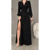 Crepe Fabric Front Knot Detail Maxi Length Long Sleeve Double Slit Dress