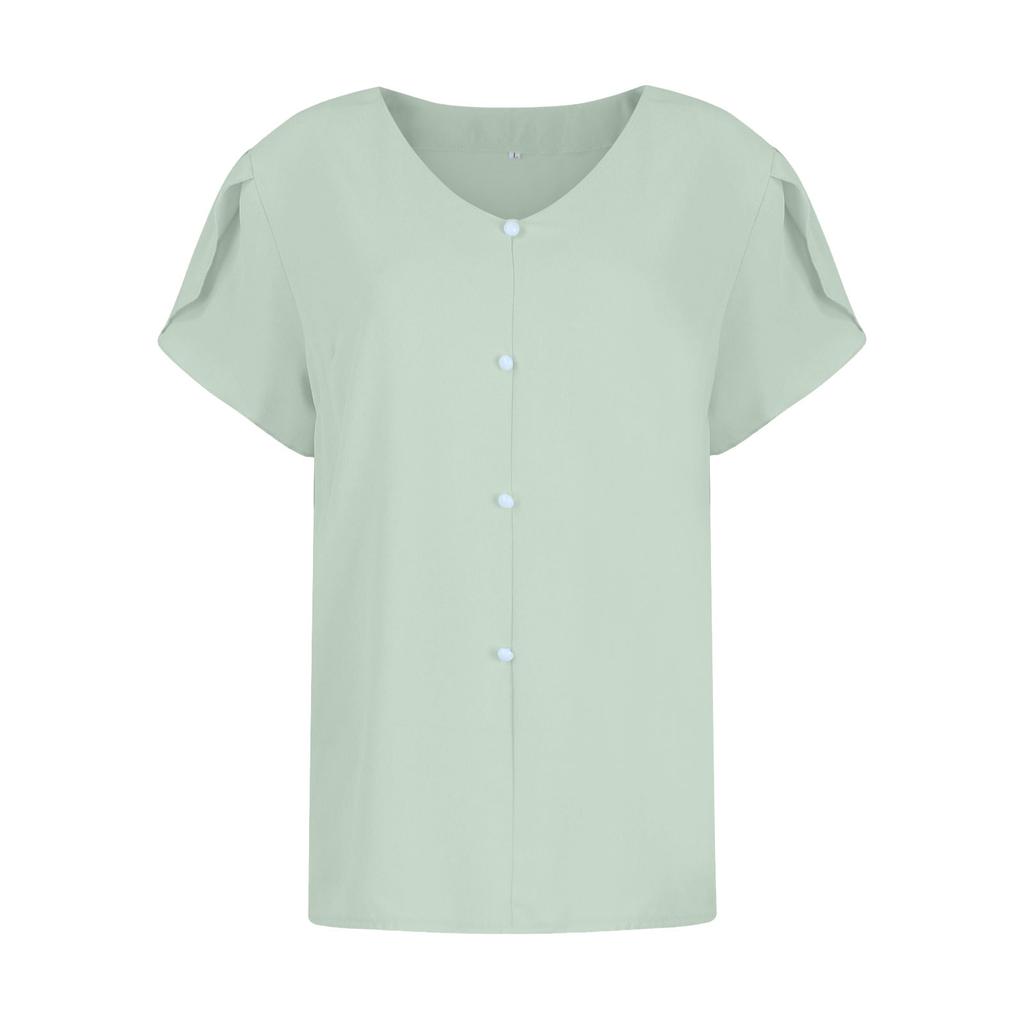Women's V-Neck Short Sleeved  Solid Color Fashionable Button Top