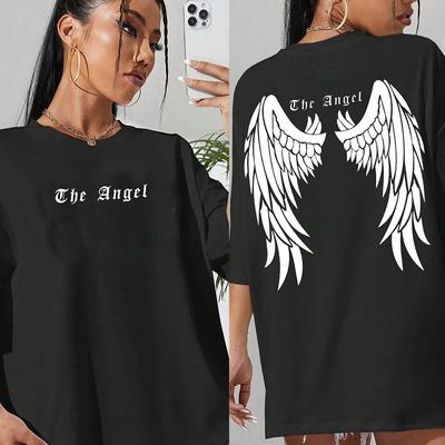 Летний топ с круглым вырезом и принтом в виде крыльев темного ангела на спине, модные повседневные женские футболки с короткими рукавами