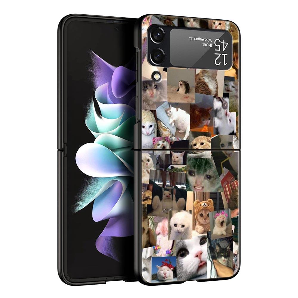 Z Flip 4 Phone Case for Samsung Galaxy Z Flip 3 5G ZFlip3 Flip3 Zflip Flip4 Black Hard Cover Cat Meme Funny Animals Shell Coque