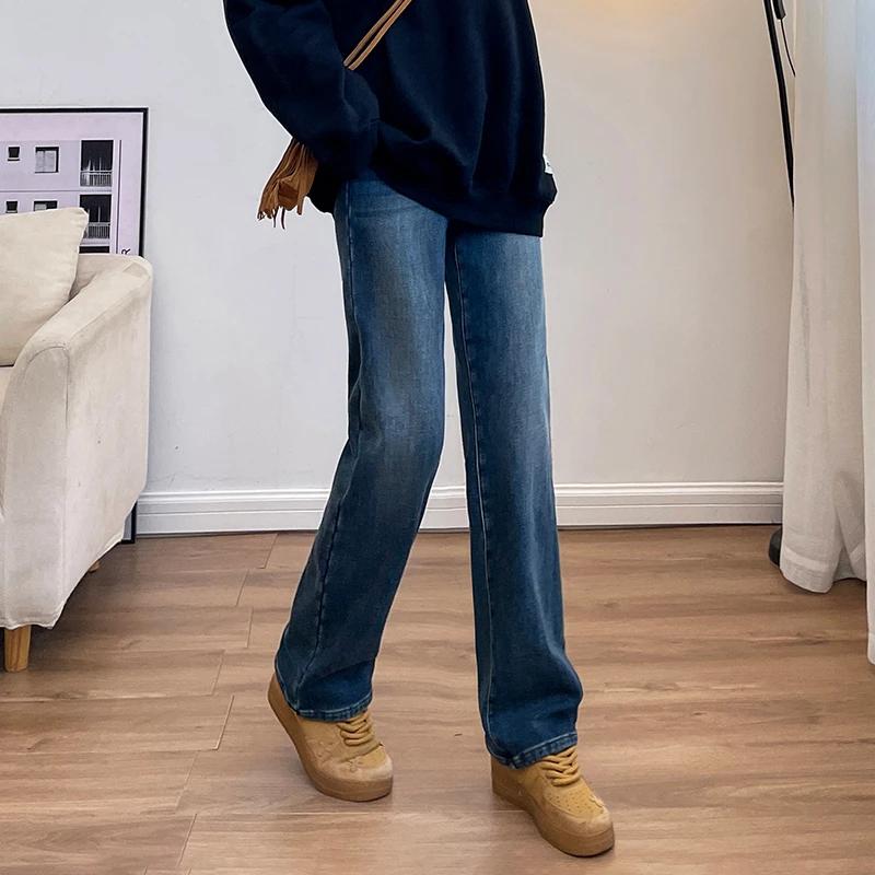 Зимние утолщенные женские бархатные джинсы свободные ретро прямые теплые мягкие флисовые эластичные женские брюки с высокой талией