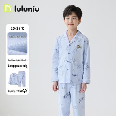 Пижама из чистого хлопка для мальчиков Lulu Niu на весну/осень - Домашняя одежда с длинным рукавом для детей, коллекция 2025