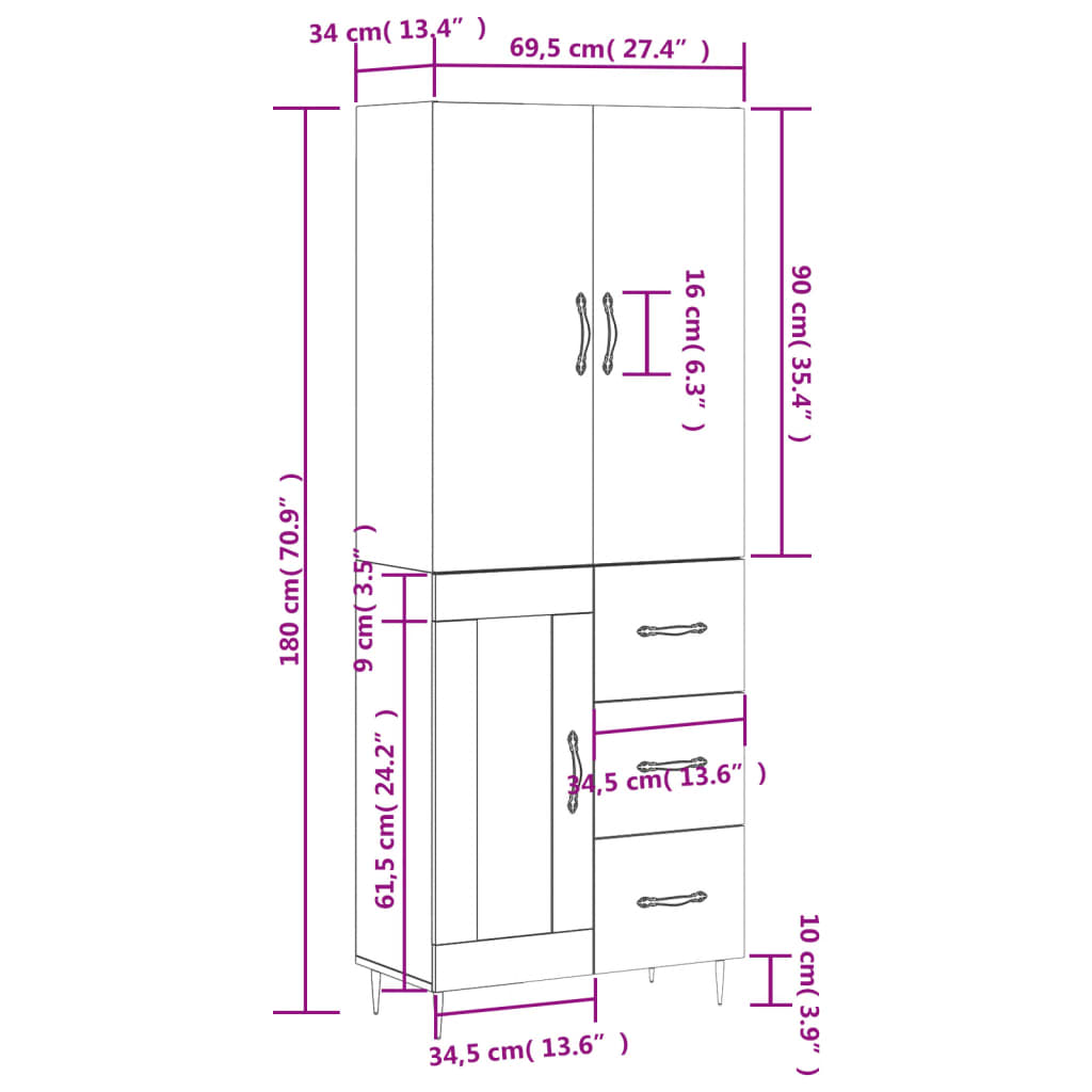 Highboard White 69.5 x 34 x 180 cm Particleboard