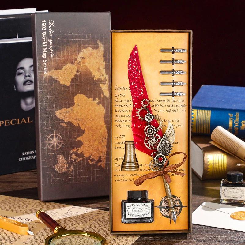 Luxury Fountain Pen Set Vintage Sprinkling Gold Feather Pens Ink Bottle Calligraphy Writing Dip Pen-s Birthday Gift 5 Nib Quill
