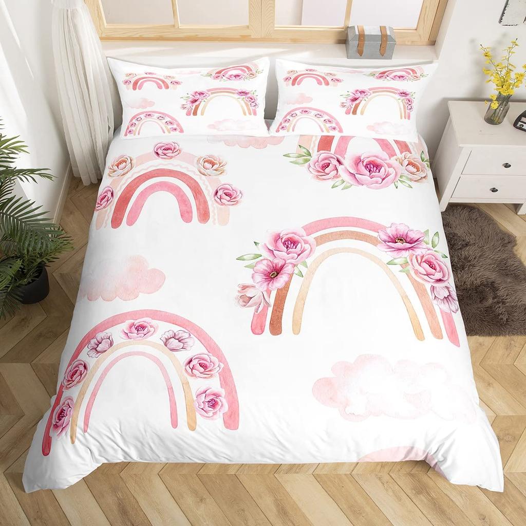Cartoon Rainbow King Queen Duvet Cover Kids Girls Colorful Clouds Bedding Set Love Heart Comforter Cover Polyester Quilt Cover