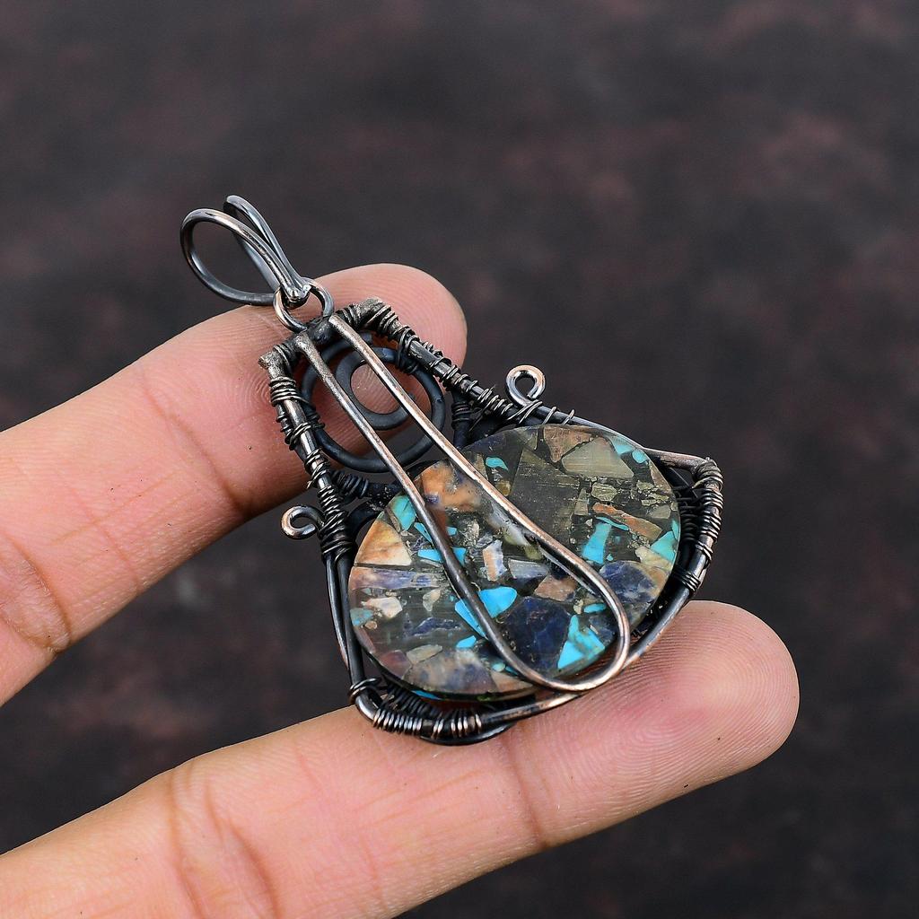 Медный кулон с мульти-бирюзой, кулон, обмотанный медной проволокой, оригинальный кулон с драгоценным камнем, украшения ручной работы, свадебный подарок, красивые медные украшения