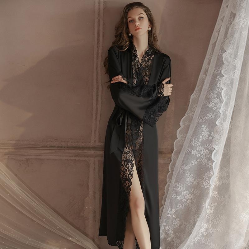 French morning gown women's nightgown ice silk sexy pajamas women's summer court lace long-sleeved nightgown two-piece loungewear