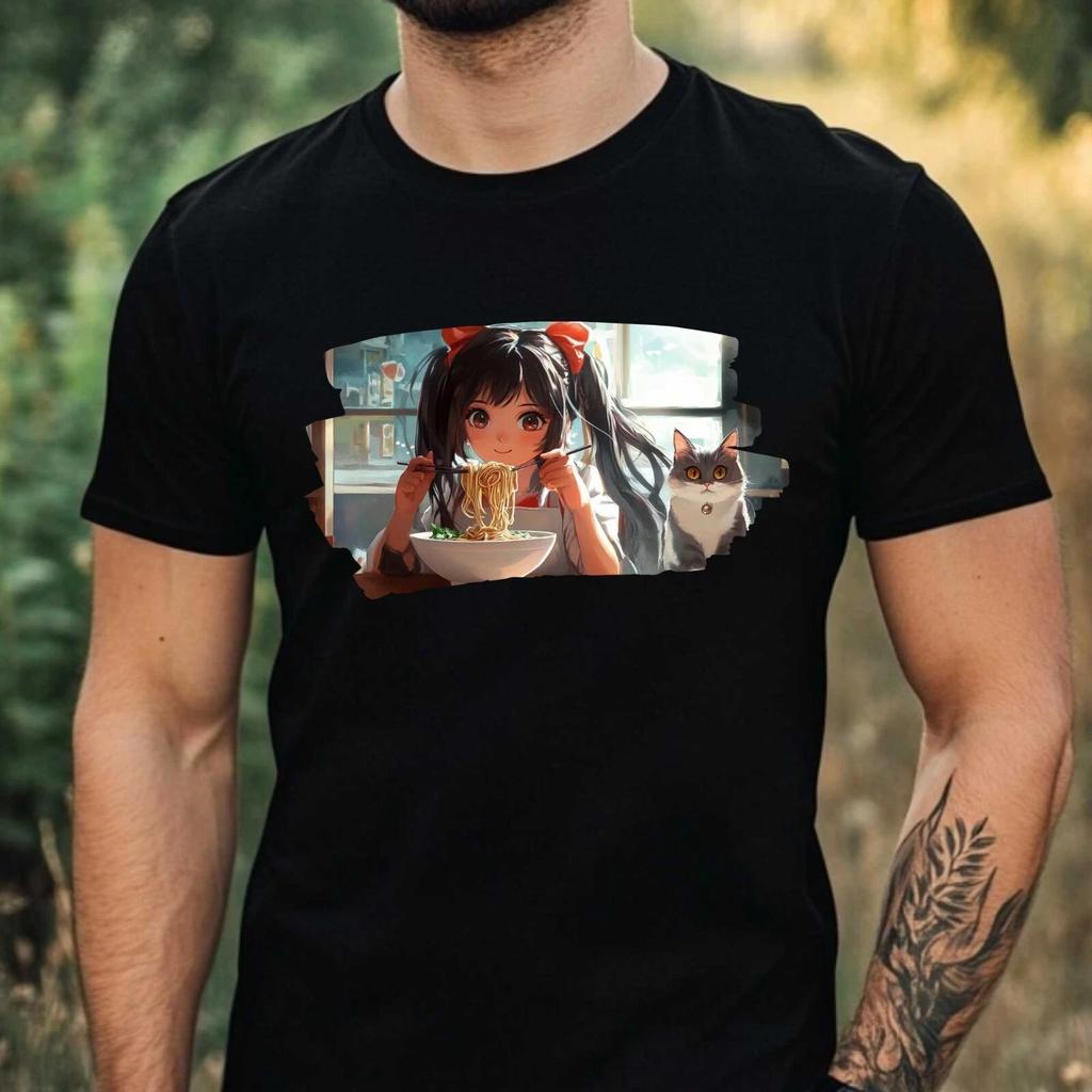 T-Shirt Herren Anime Girl mit Katze Motiv Baumwolle Größe XS bis 5XL