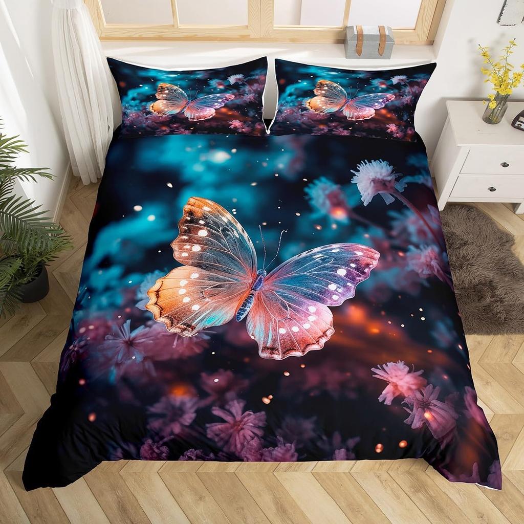 Teal Purple Butterfly Duvet Cover Queen King Size Floral Boho Decor Aesthetic Mandala Bedding Butterfly Print Set 3 Pcs