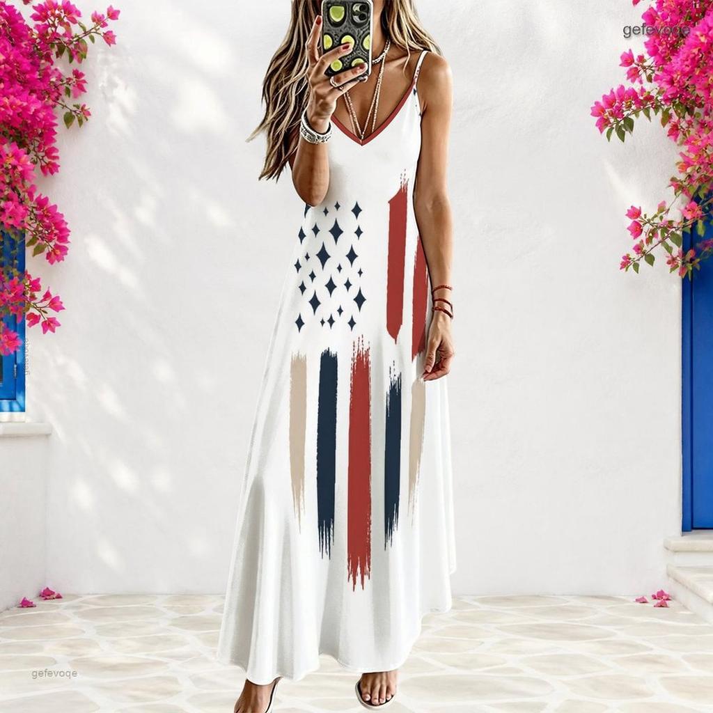 Women Plus Size V Neck Spaghetti Strap Sleeveless American Flag Print A Line Long Dress