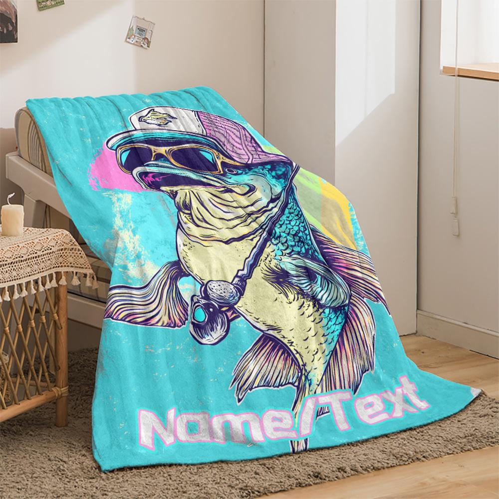 Name Fish Fleece print Blanket, suitable for sofa, bed, birthdays, children, fishing enthusiasts, friends, gifts