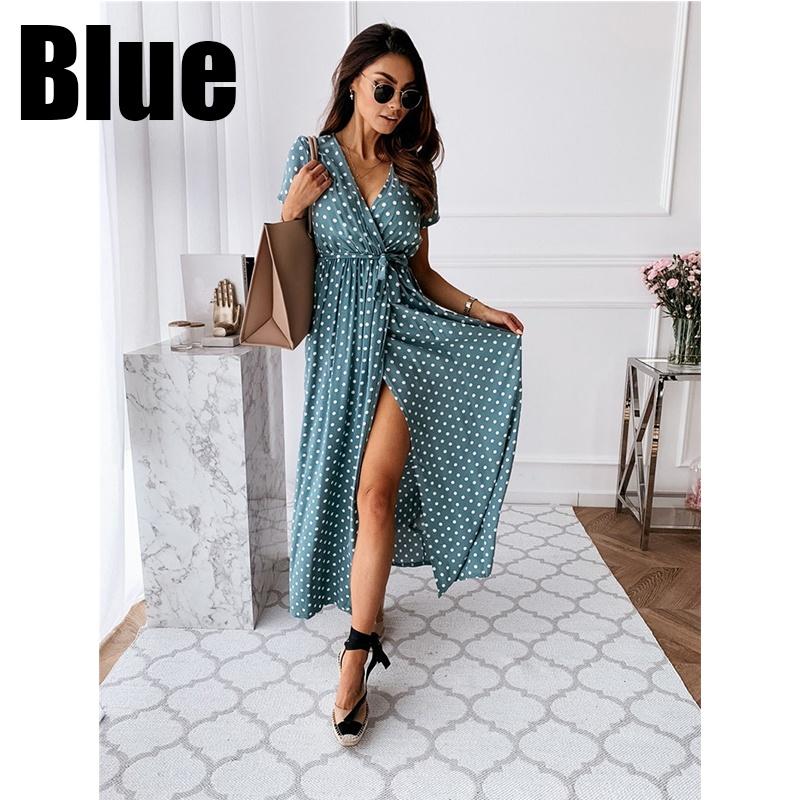 Летнее богемное платье с v-образным вырезом и короткими рукавами в горошек, модная сексуальная повседневная длинная юбка