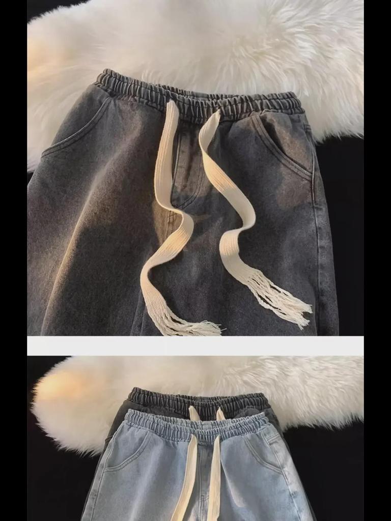 2024 Summer Loose Straight Denim Shorts: Retro Drawstring Casual Solid-Color Shorts