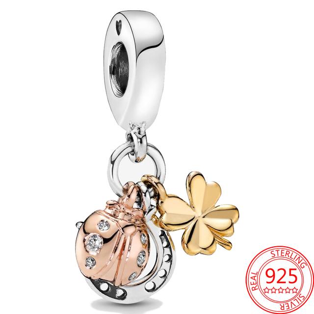 Original S925 Silver Fit Fashion Bracelet Charm Murano Glass Beads Ladybird Four Leaf Clover Pendant Jewelry Gift Accessories