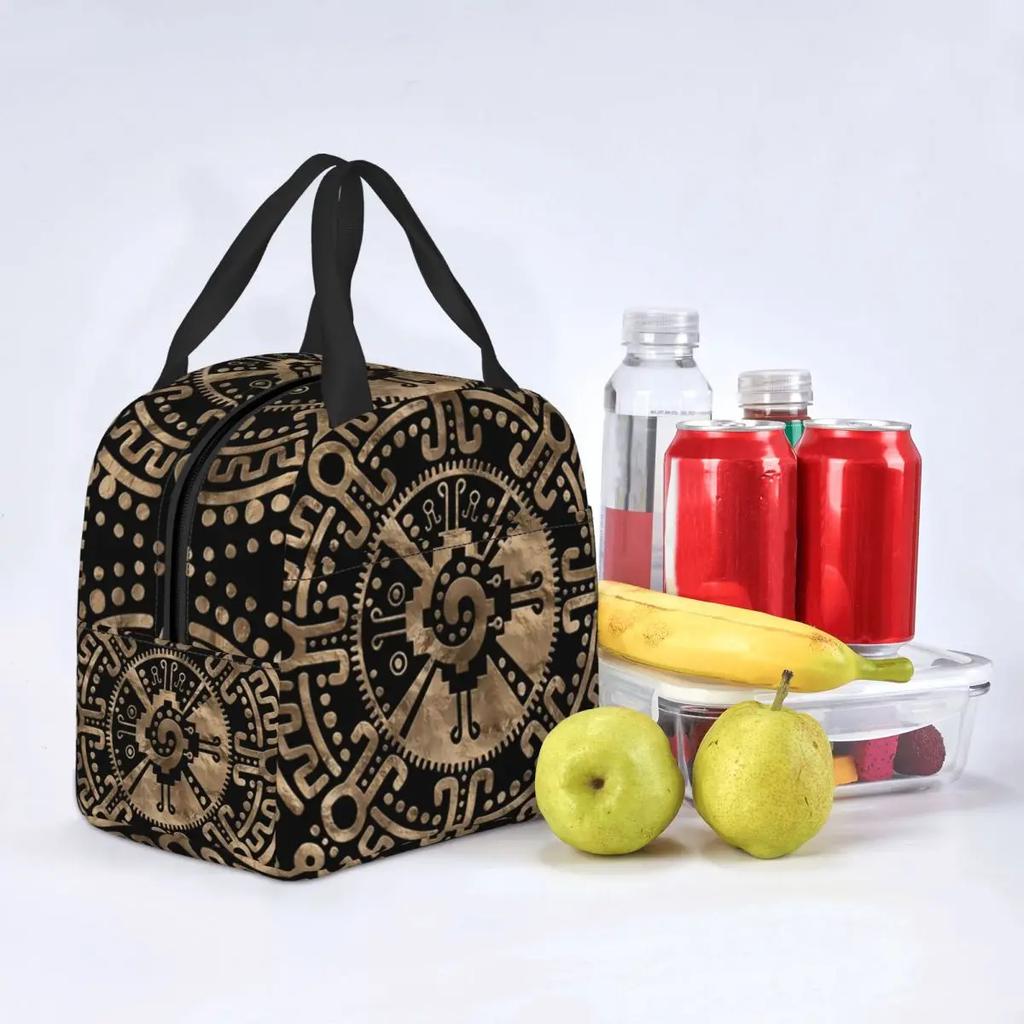 Mayan Aztec Hunab Ku Gold On Black Insulated Lunch Bag for Women Portable Cooler Thermal Lunch Box Beach Camping Travel