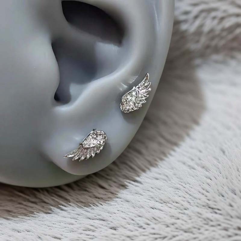 Shiny Zircon Angel Wings Stud Earrings for Women Men Couple Multiple Ear Holes Fold Wear Ear Bone Stud Jewelry Gifts