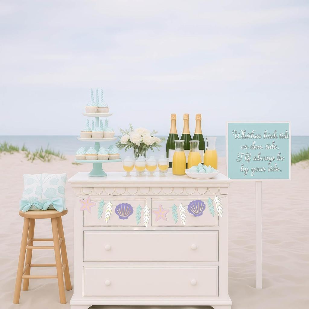 Pre-Strung Starfish Sea Shell Banner For Under The Sea Mermaid Birthday Party Decorations Ocean Coastal Nautical Bachelorette Beach Wedding Garland