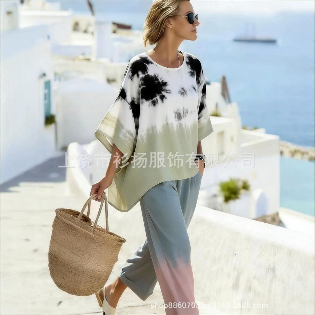 European and American color-blocked national flag print set, loose bat-sleeve wide-leg pants two-piece set, one for women