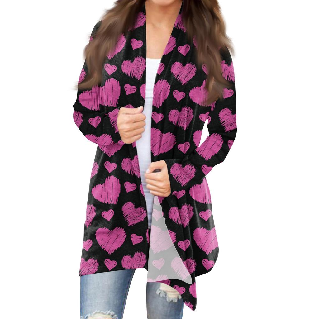 Женский повседневный кардиган с длинными рукавами и принтом ко Дню святого Валентина без карманов, верхнее пальто
