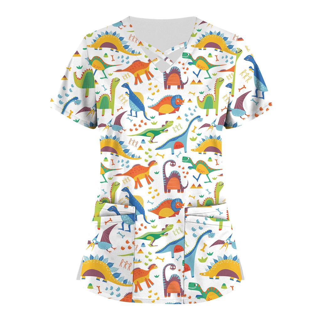 Plus Size Cute Printed Scrub Working Uniform Tops For Women Cross V-Neck Short Sleeve Fun T-Shirts Workwear Tee With Pockets