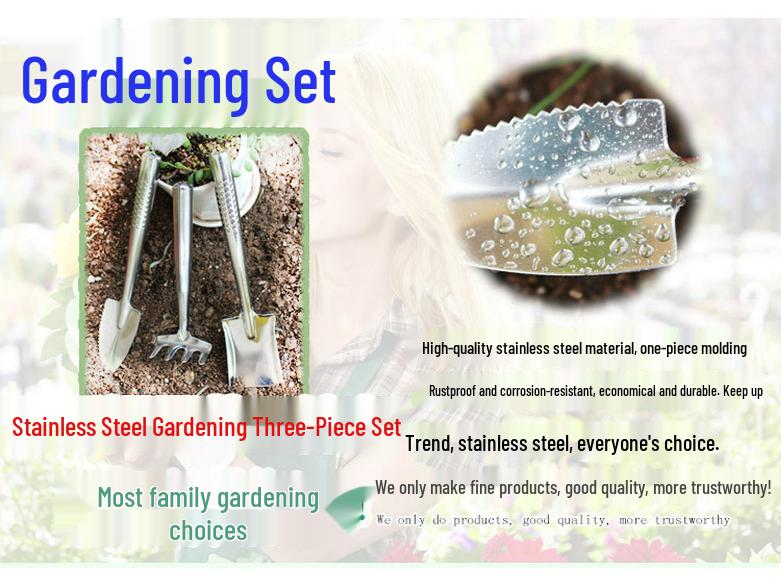 Набор садовых инструментов из нержавеющей стали: Лопата, мотыга и грабли для цветов и горшечных растений.