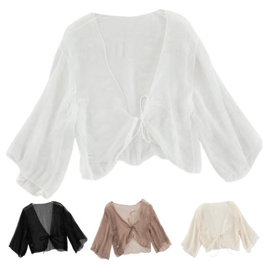 Women Sheer Chiffon Cardigan with Front-tie Transparent Loose Top Elegant Retro Style Shawl for Vacation Beach Daily Wear