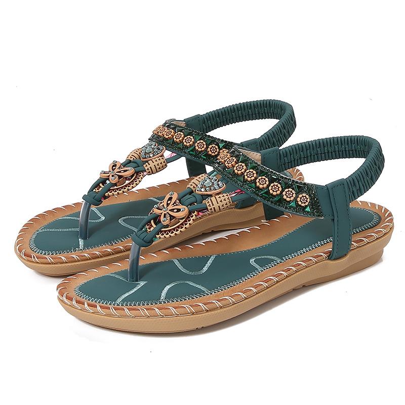 2025 новые босоножки в стиле бохо женские летние стразы ночные плоские подошвы с круглым носком обхватывающие ноги открытые носки классные