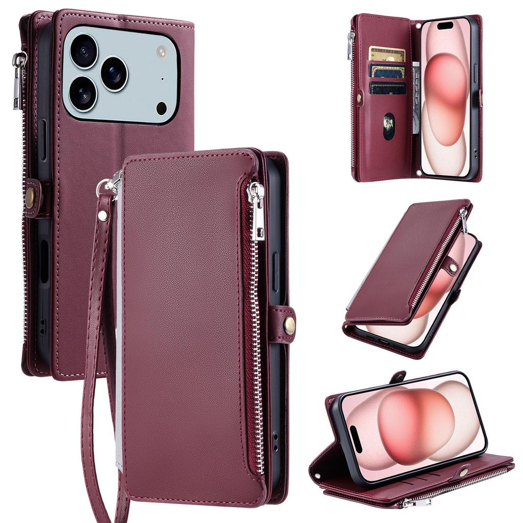 For iPhone 17 Pro Max Case TPU+PU Leather Wallet Phone Cover with Wrist Strap