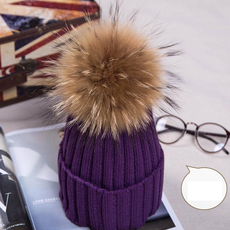 Настоящие зимние новые шапки из меха енота с помпоном для женщин и леди, вязаная шапка-бини с помпоном