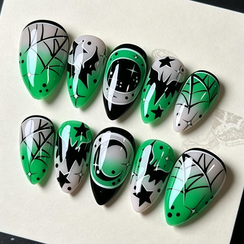 Halloween Spider Web Bat Star Moon Wear Nails Sweet Cool Short Almond Wear Fake Nails