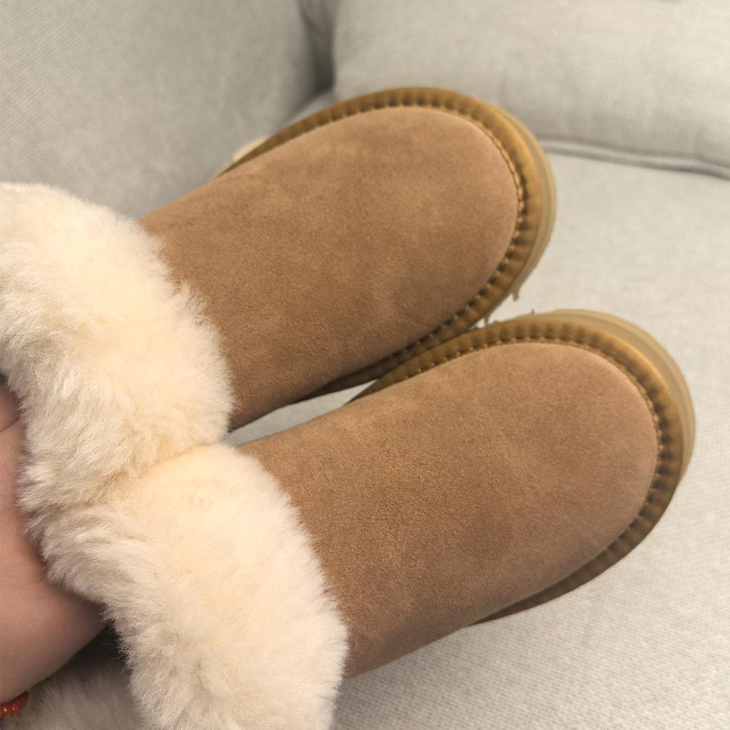 Cowhide Women's Shoes Tazt Sheepskin Fur Integrated Snow Boots Winter Warm Non-slip Large Cotton Shoes Women's Snow Boots