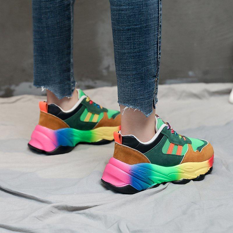 Радужные разноцветные массивные кроссовки, женская обувь на шнуровке, сетчатая толстая подошва, большие размеры
