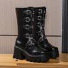 Fashion Women's Gothic Chunky Heel Mid Calf Boots Metal Buckle Strap Platform Punk Boots Woman Thick Bottom PU Leather Motorcycle Shoes