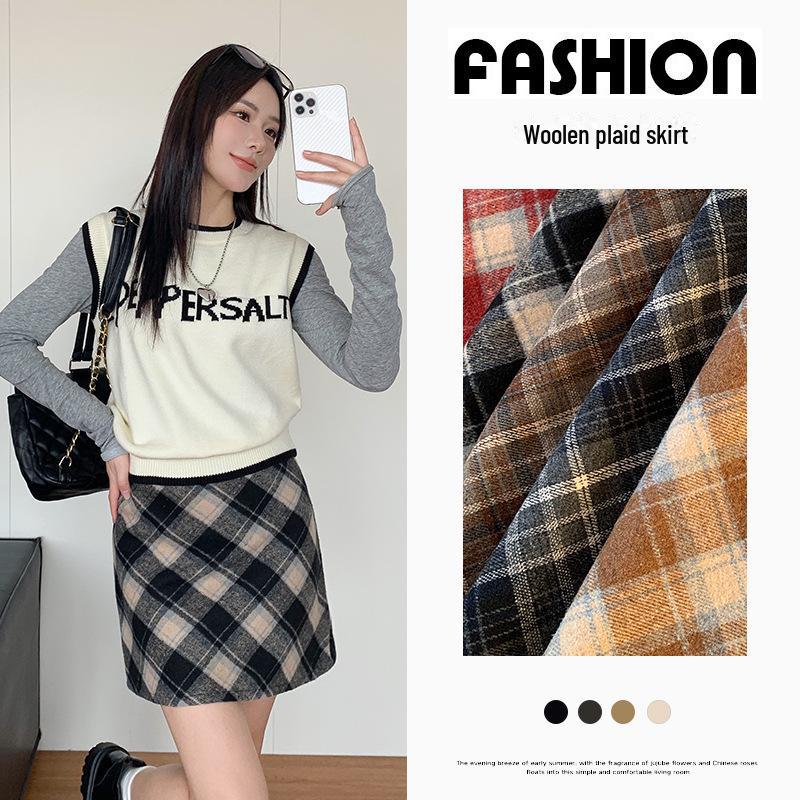 2024 High-Waist Plaid Woolen A-Line Skirt: Autumn/Winter College Style