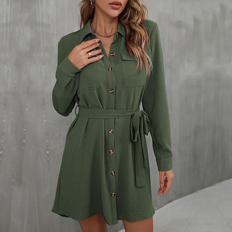 Ранняя осень, однобортное однобортное платье с воротником с лацканами и длинными рукавами на шнуровке, однотонное платье