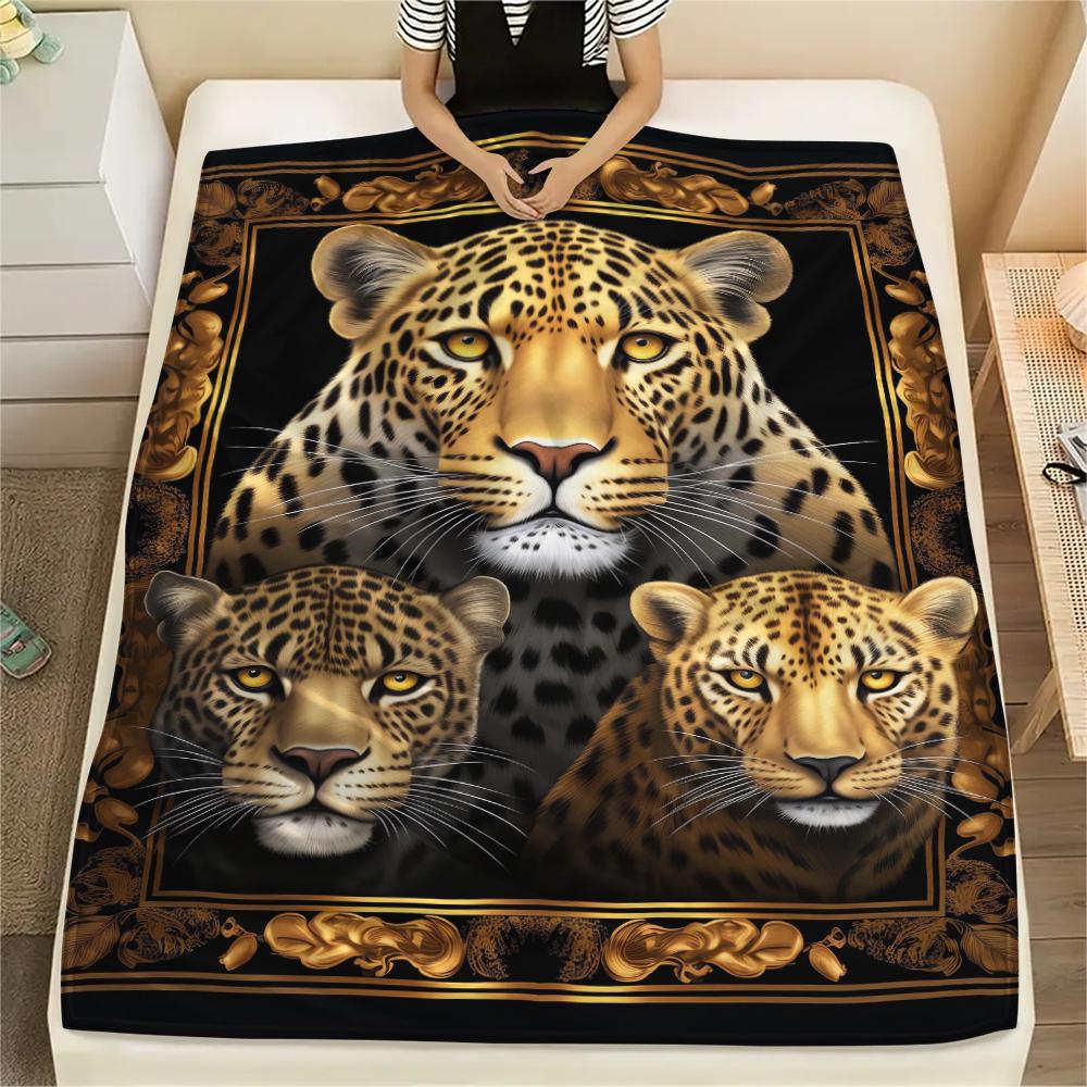 1Pc Lepoard Puzzle Print Flannel Blanket, High quality Comfortable for All Seasons, Home Decor, Warmth and Comfort, Perfect for Christmas Gifts