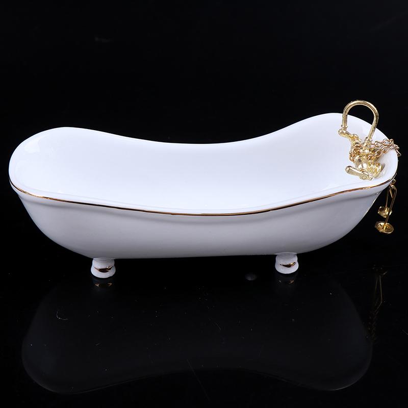 5Pcs 1:12 Dollhouse Miniature Porcelain Bathroom Set Toilet Basin Bathtub Mirror